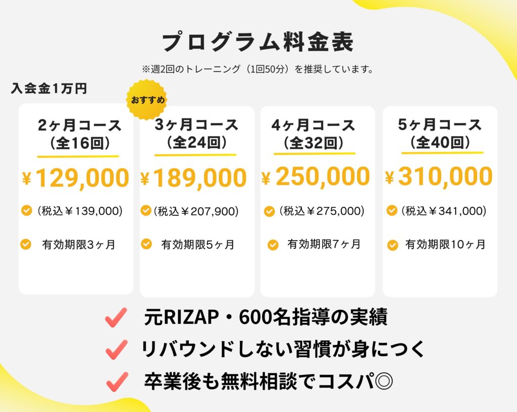 所沢市、パーソナルジム セブンエイト 料金表
